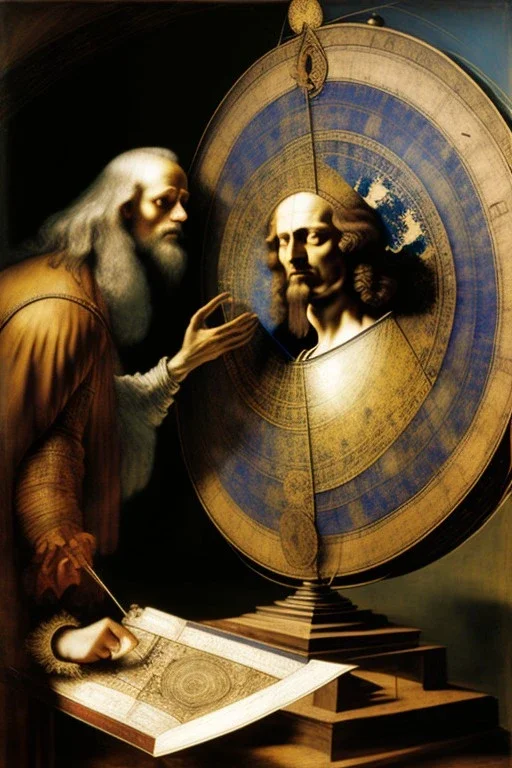 Merlin and DaVinci discussing astronomy while looking at an astrolabe , Rembrandt , masterpiece, oil + tempera, fine thin