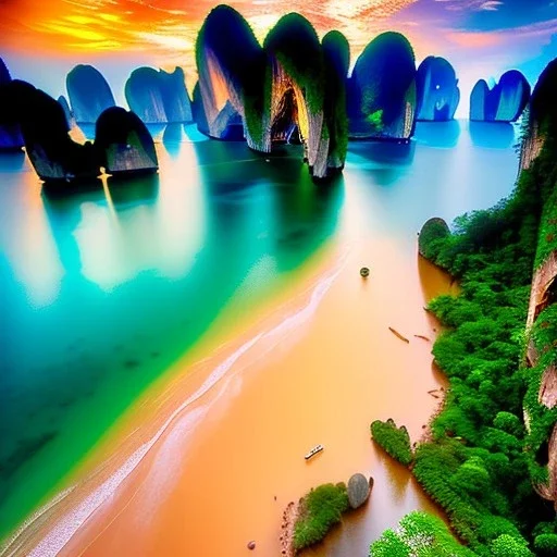 Railay West, Thailand,aerial view,cloudy,extremely detailed digital painting, high resolution,8k, realistic, beautiful, volumetric lighting, mystical colors ,perfectly centered image, perfect composition, rim light, beautiful lighting,masterpiece, stunning scene, raytracing, anatomically correct, in the style Van Gogh and robert e howard and Ken Kelley and Ohrai Noriyoshi and Simon Bisley and tomzj1.