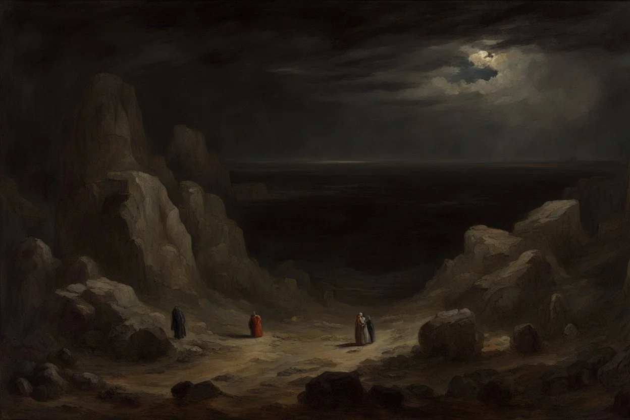 cloudy Night, mistery and enigmatic influence, disturbing, rocks, vegetations, rocky arid land, people, horror films influence, jenny montigny, rodolphe wytsman, and pieter franciscus dierckx impressionism paintings