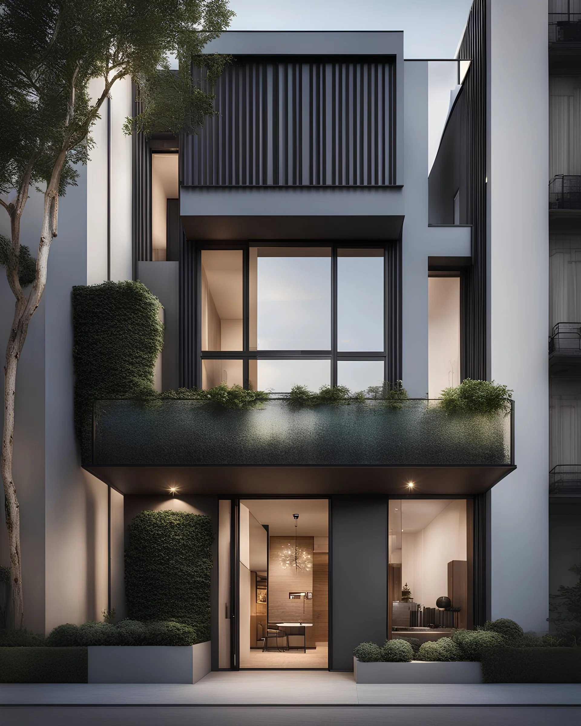 5 floor apartment inspired by its surroundings and features modern , exterior,hyperrealistic, metal