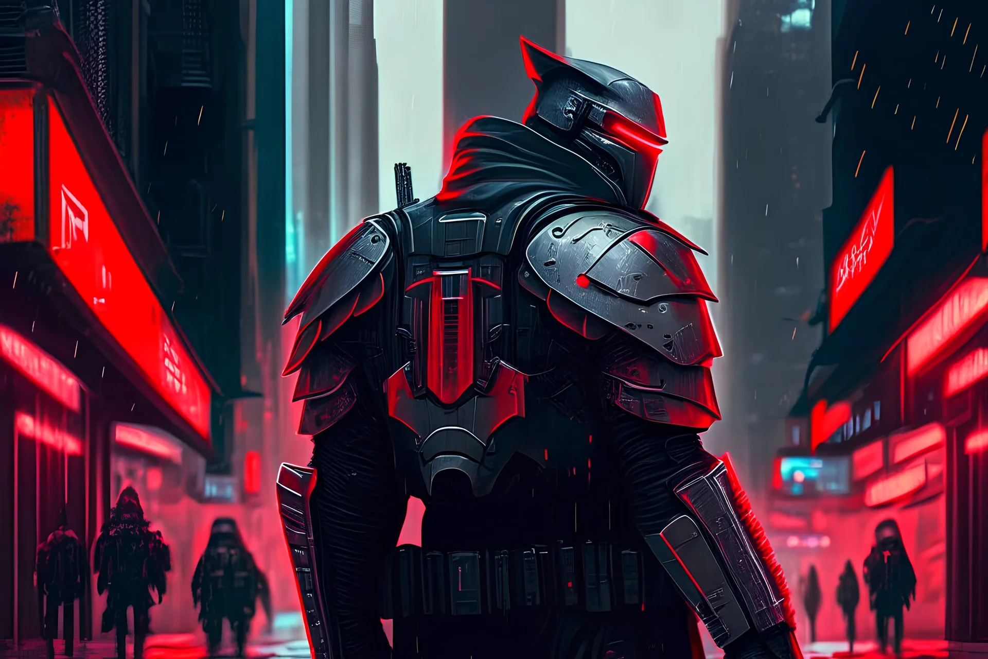 a cyberpunk guard standing in a city street, black armor, with red highlights, gray cyberpunk city background