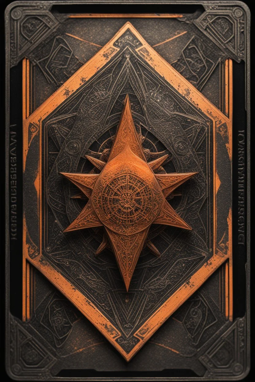 sacred geometry framed playing card, black and orange hellraiser star conquistador with shadows boss card in the style of Giger and fallout 4 ,,bokeh like f/0.8, tilt-shift lens 8k, high detail, smooth render, down-light, unreal engine