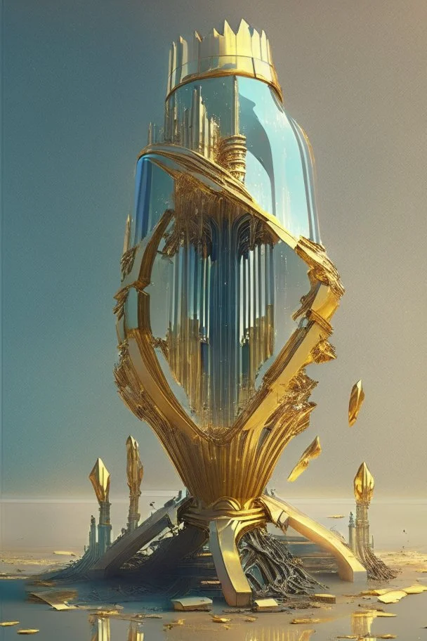 sci-fi futuristic Roman architecture skyscraper sculpture of a golden hourglass. the glass of the bottom chamber is shattered all over the ground, overflowing with an enormous pile of bones.