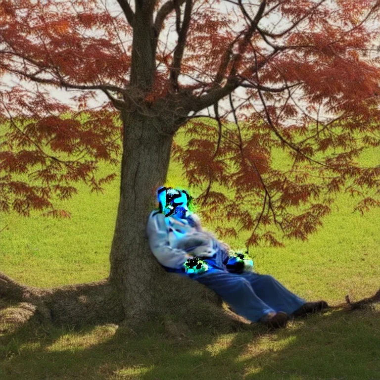 old man sleeping by maple tree