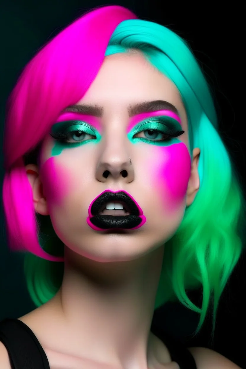 Mint girl face with rubber effect in all face with fuxia rubber effect hair and black rubber effect lips