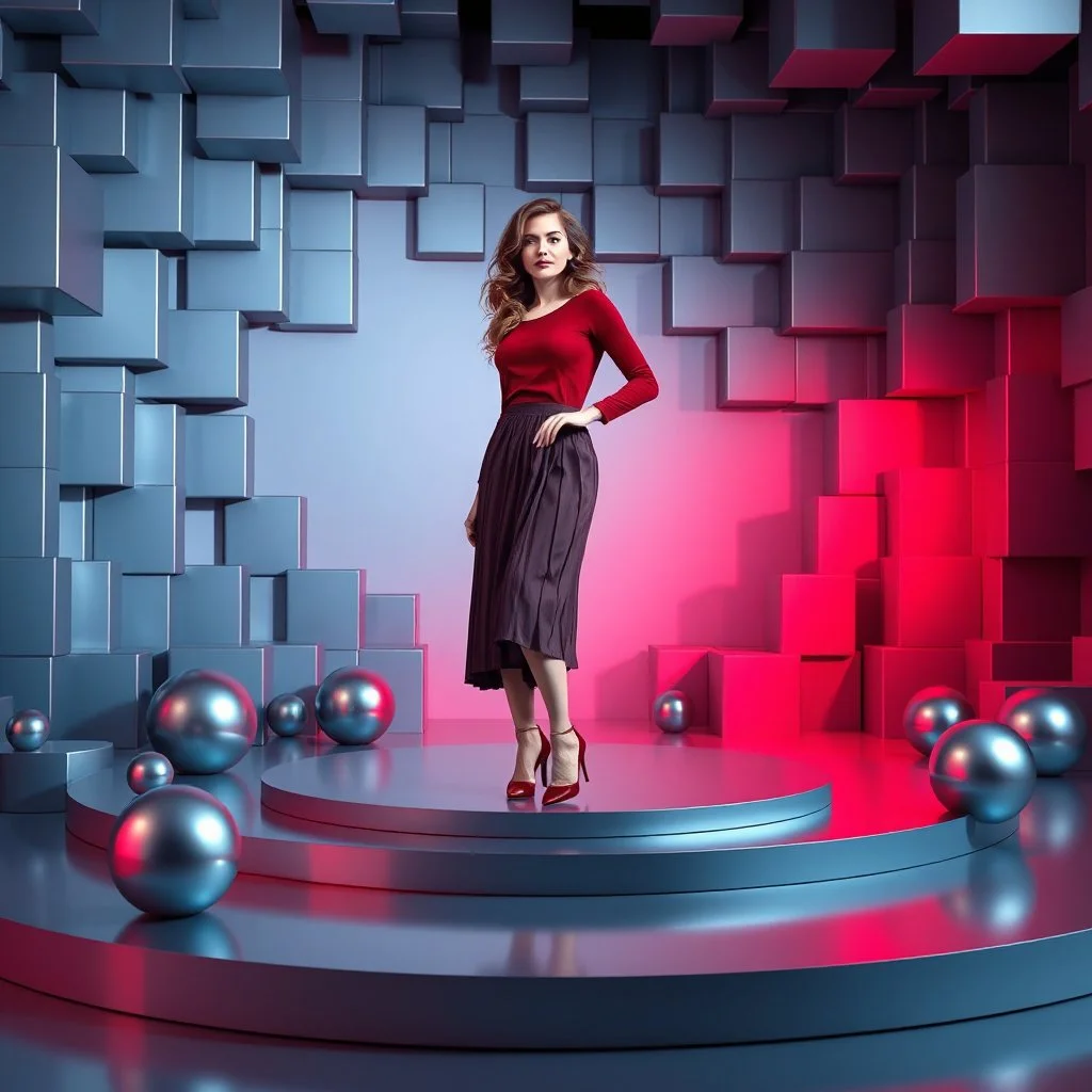 make a picture pretty stage made of metallic blue-gray teme 3d recursive cubic and sphere and cylinder base structures and a beautiful fashion model lady standing in scene with dark red top and pretty pleated midi skirt ,makeup curvy long hair,nice high heels,dynamic camera zoom to full body ,dynamic lights.