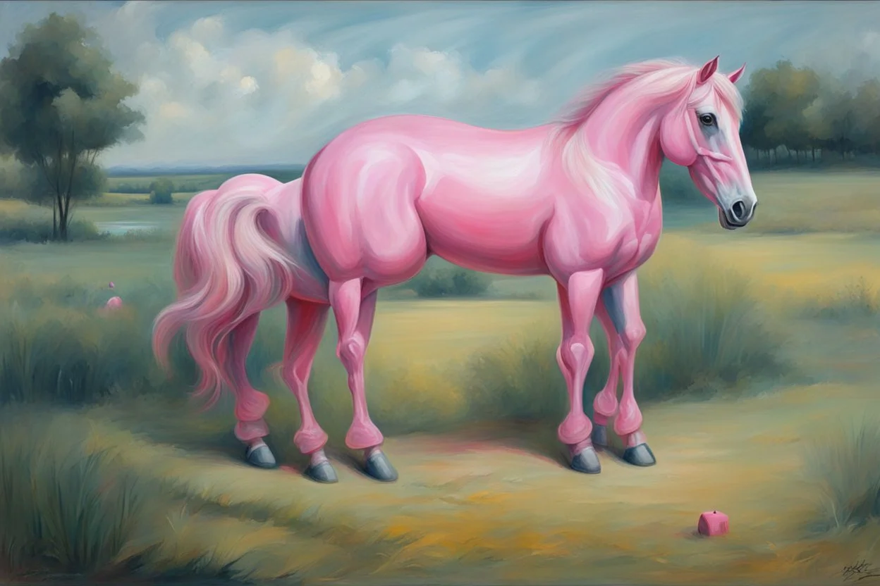 Big pink plastic horse.19th painting