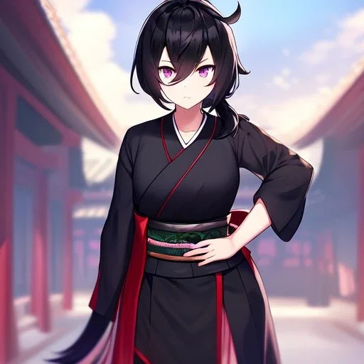 Clear focus, High resolution, Black hair, low small ponytail, purple dead eyes, japanese outfit, serious expression, one arm on hip, other hand free, purple red white and black outfit, skirt, slit in skirt, ahoge, (solo), hair between eyes