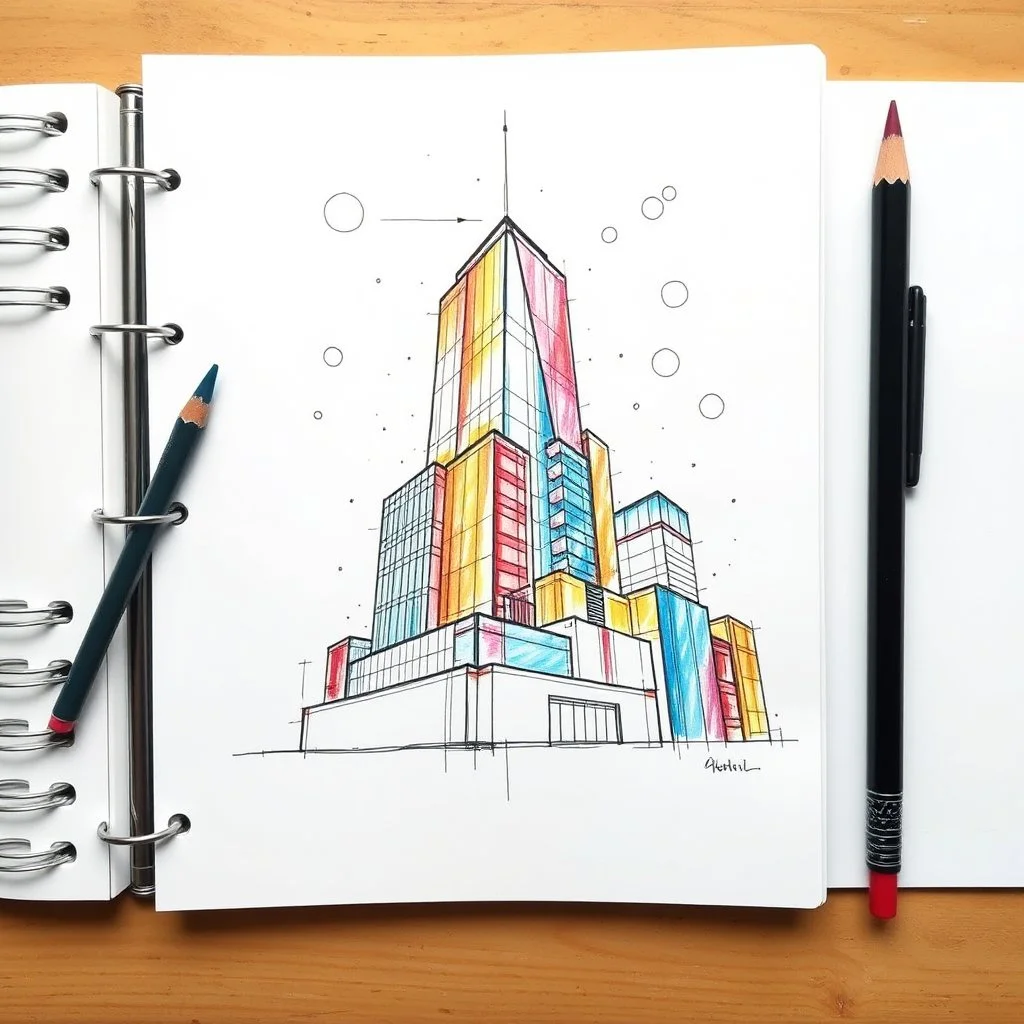 rich color pencil hand doodle sketch on a spiral binder notebook page, draft bubble diagram of a skyscraper in architecture