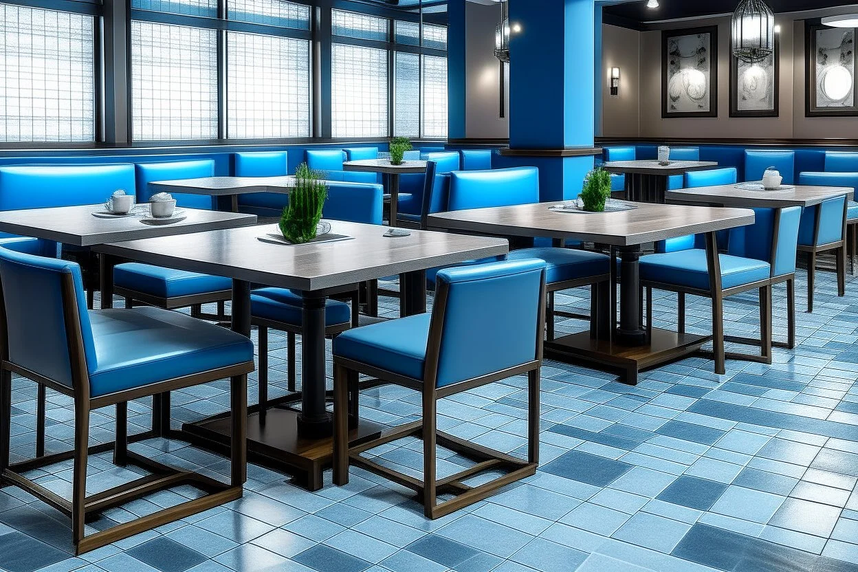 Dining tables in a restaurant. The table is square in shape and there are four single chairs on it. There are 10 tables in the restaurant, and the walls, floor and furniture are blue and gray.