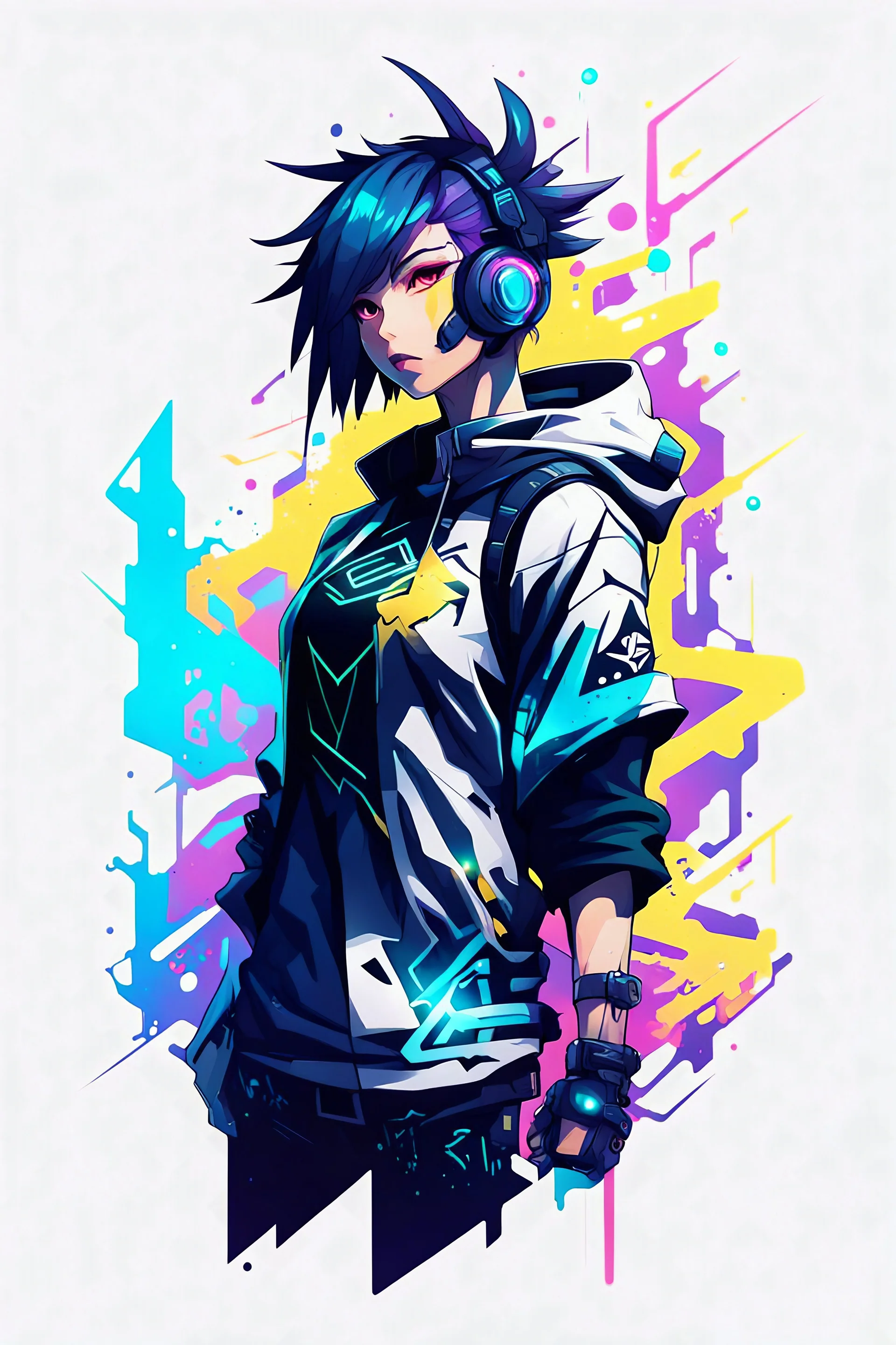 Tshirt design, cyberpunk, Lumine from Genshin Impact for style, abstract color, Grafity style, white background