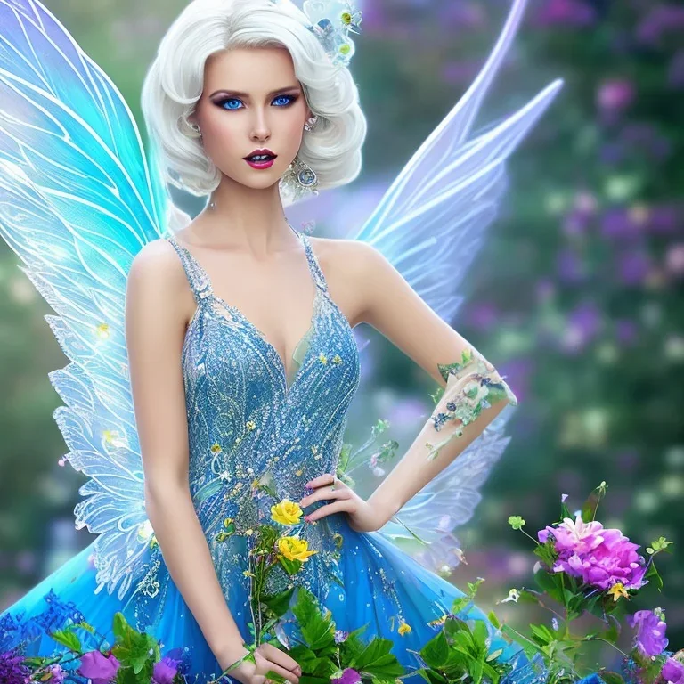 Fantasy fairy with transparent wings, smiling, make up, long platinum blond hair with crown and flowers, blue dress, flower background