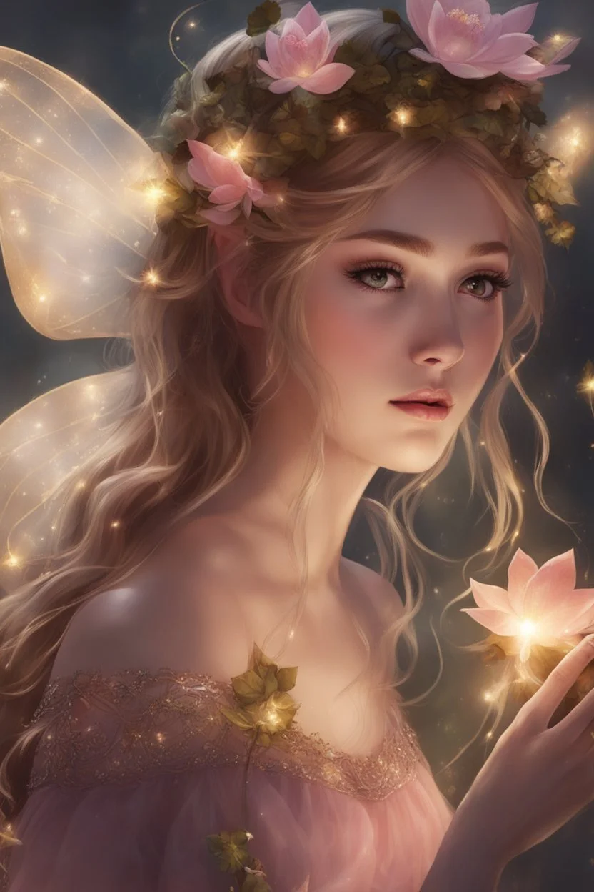 Blonde hair ,Pink dress,Sparkling fairy wings,Very long golden hair,Fairy crown,pointed ears,elven ears,fairy wings,water lilies,sparkling,glittering,flowers,blossoms,golden crown,light pink dress