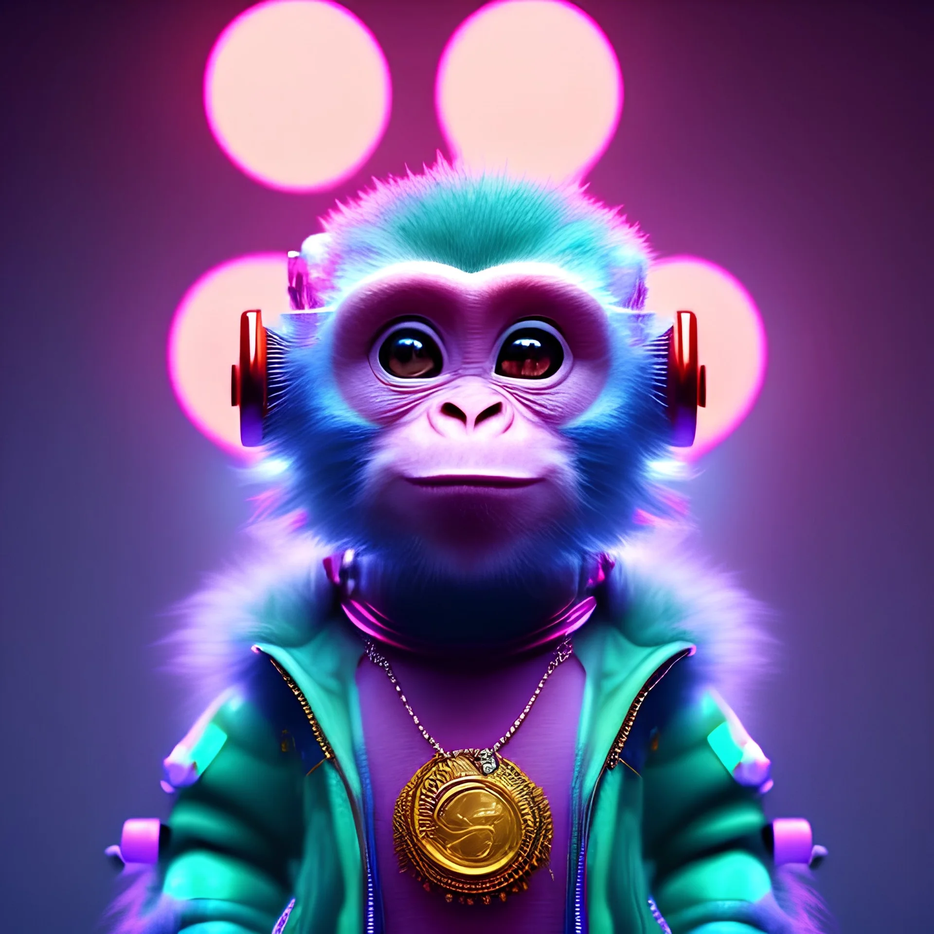 pixar style anamorphic cute cyberpunk monkey baby, smiling,gangsta gold neckless, full body, magenta puffer jacket, manila city backdrop, dramatic lighting, hyper realistic, unreal engine 5, 16k