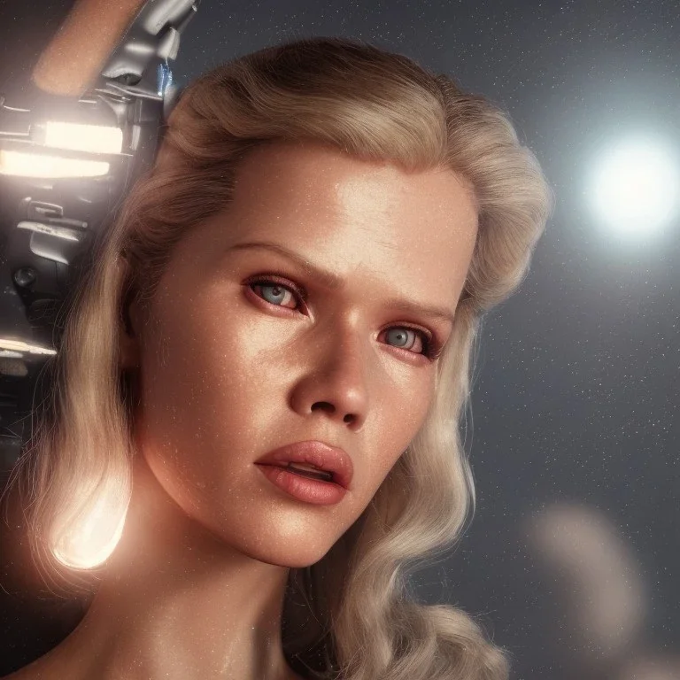 Ultra Realistic retro sci-fi movie scene, waist up view portrait, blonde woman pointing a gun, sweet young Claudia Schiffer face, perfect iris, glow eyes, makeup, weapon. Drones background, Retro sci-fi style, helmet, tight latex coat, fog, rain, soft color, highly detailed, unreal engine 5, ray tracing, RTX, lumen lighting, ultra detail, volumetric lighting, 3d, finely drawn, high definition, high resolution.