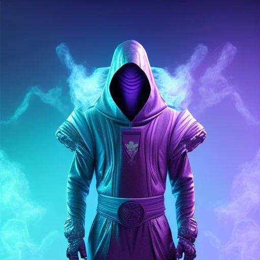 purple galaxy masked hooded super villain, weapons in hands, teal and purple smoke, full portrait, hyper realistic, 4k