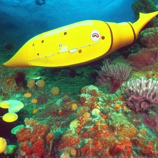 mix between nautilus submarine and yellow submarine in seabed