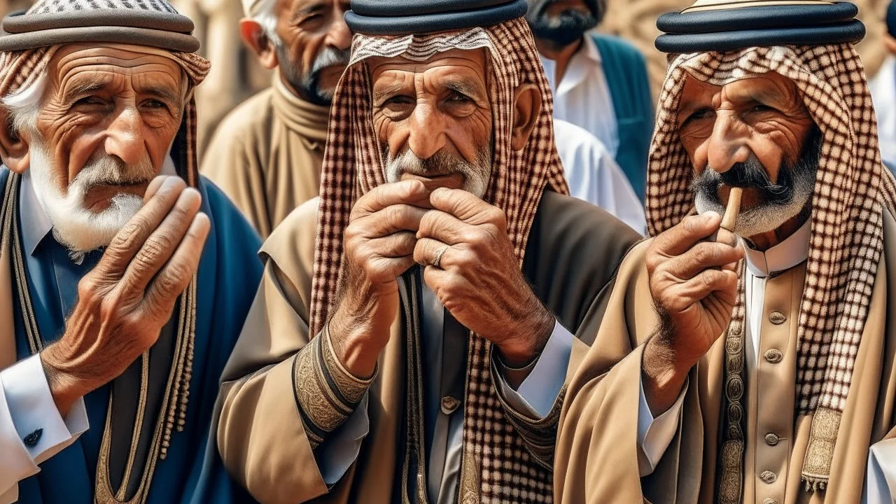 ناس متكبرون بلباس عربي قديم , يجعلون أصابعهم في ادانهم