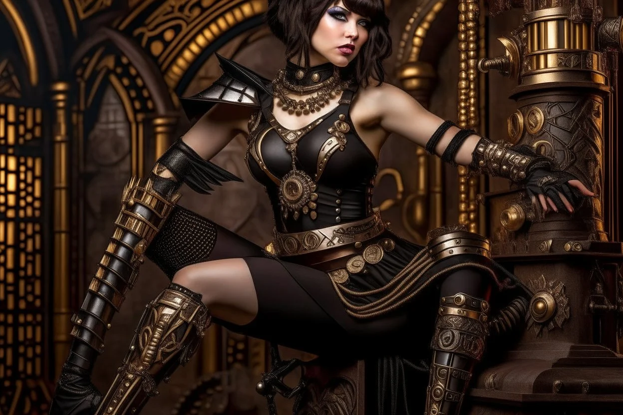 a pale-skinned Cleopatra, with a bob hairstyle, in a steampunk setting, black boots, in a fighting stance