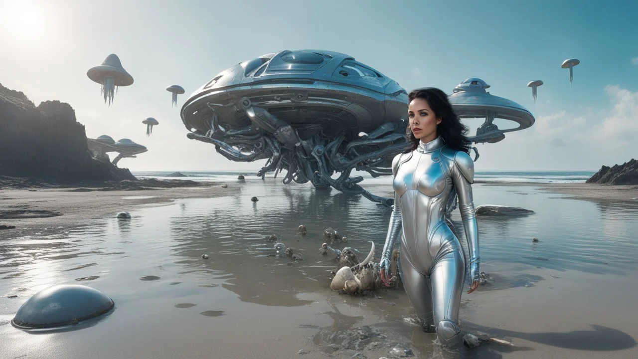 woman with dark hair in a silver robotic catsuit, standing on a futuristic alien beach with a crashed spaceship in the water, with mushrooms with octopus tentacles flying in the air