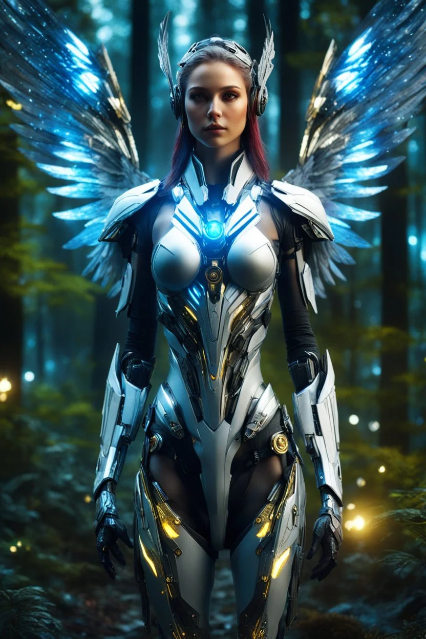 Facing Front night Photography Realistic High Details,Natural Beauty,Beautiful Angel Pretty woman cyborg cybernetic ,futuristic warframe armor,wings ,in Magical Forest full of lights colors,glowing in the dark, Photography Art Photoshoot Art Cinematic Soft Blur Colors