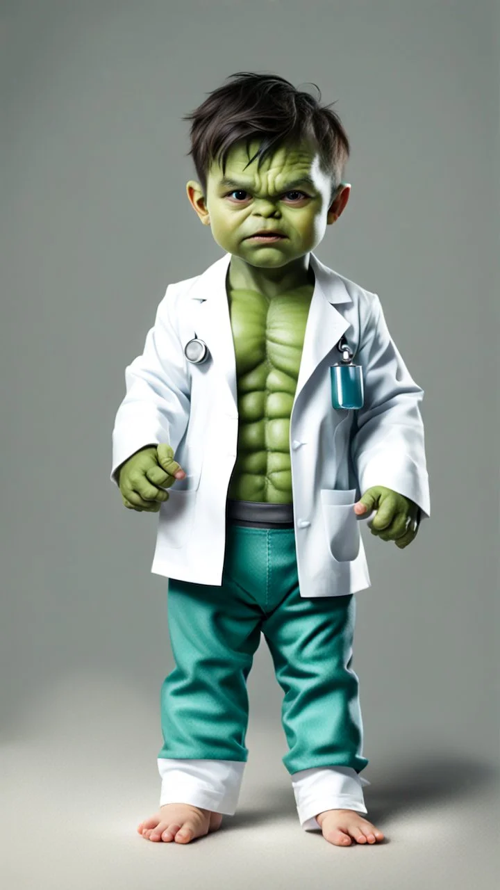 Little baby hulk, full portrait looking at the camera realistically, dressed as a doctor,