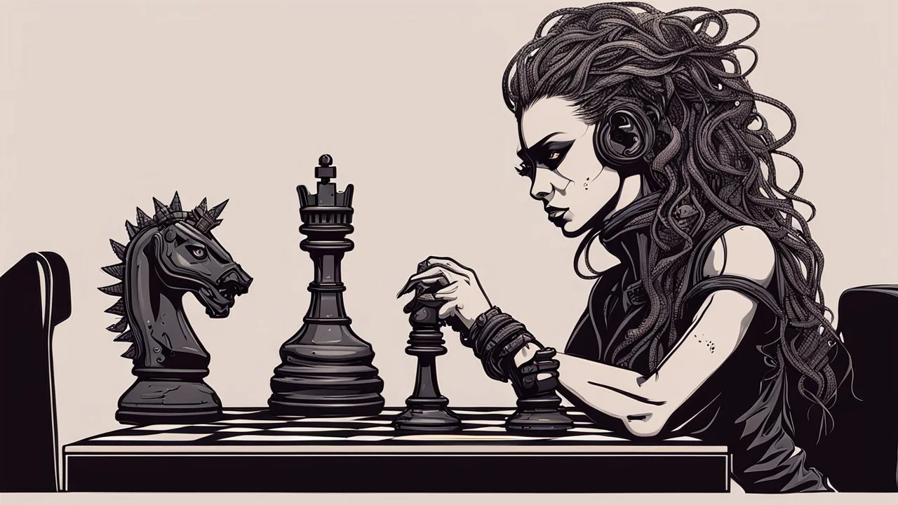 medusa in the style of cyber punk playing chess with a knight chess piece in her hand