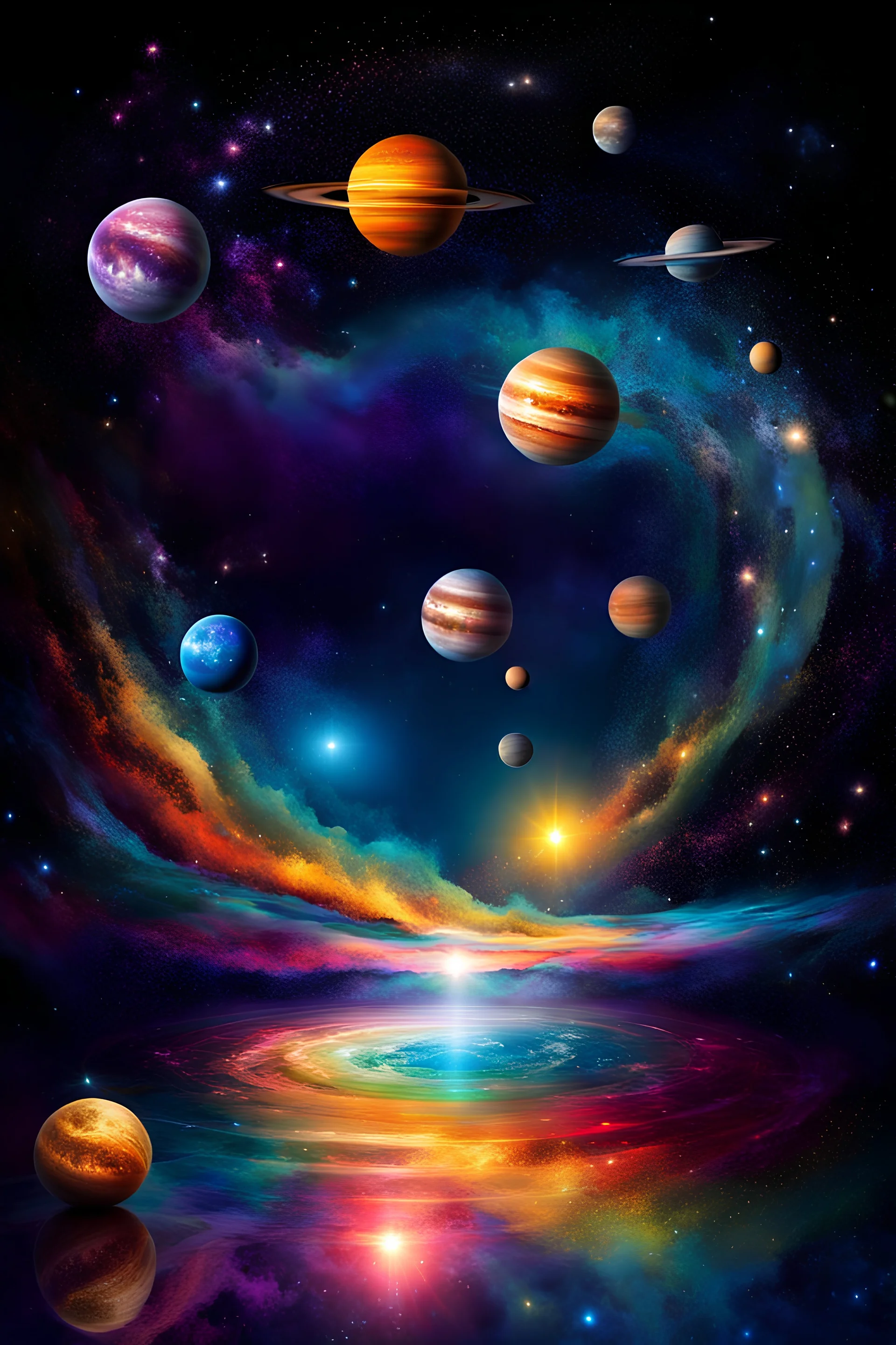 Visualize yourself floating among the stars, with planets as stepping stones and galaxies as swirling pools of light. What mysteries await in this cosmic realm?, Vibrant, colour gradient, shinning