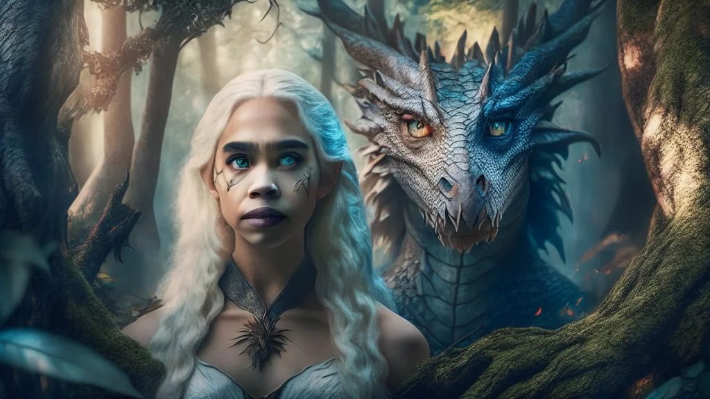 whole body image of beautiful Daenerys Targaryen in a mystical enchanted forest standing next to a dragon, HD 8K, sharp detail, hyperrealistic photo accurate face and features, cinematic lighting