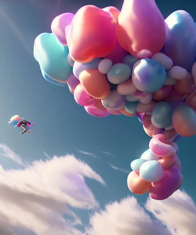 Ultra realistic speed clouds sky scene, wide angle view, sweet women falling down, inflatable color clothing, free jumping flying, many trinkets, hair monster. Clouds sea, many jelly beans, balls, color smoke, smile, happy, circus style, extreme, wind, 20,000 feet altitude, stratosphere, soft color, highly detailed, unreal engine 5, ray tracing, RTX, lumen lighting, ultra detail, volumetric lighting, 3d, finely drawn, high definition, high resolution.