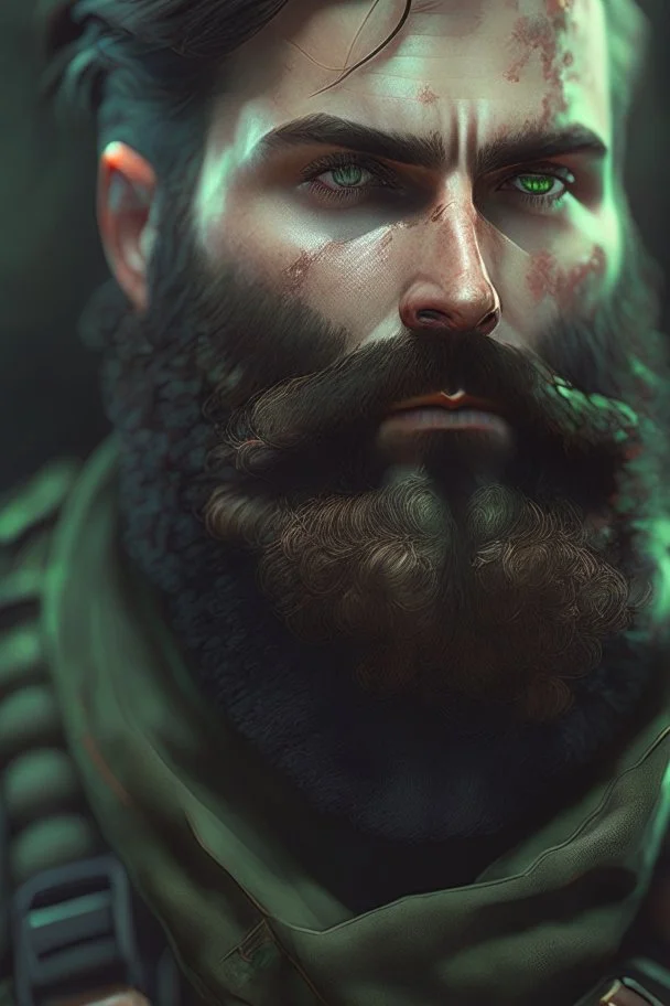 photorealistic male bearded handsome soldier, hyperdetailed painting, luminism, Bar lighting, complex, dark green miltary, 4k resolution concept art, Artgerm, WLOP, Alphonse Mucha, 3d render, octane render, intricately detailed, cinematic, awesome full color, hand drawn, dark, gritty, cinematic, buckeye burl