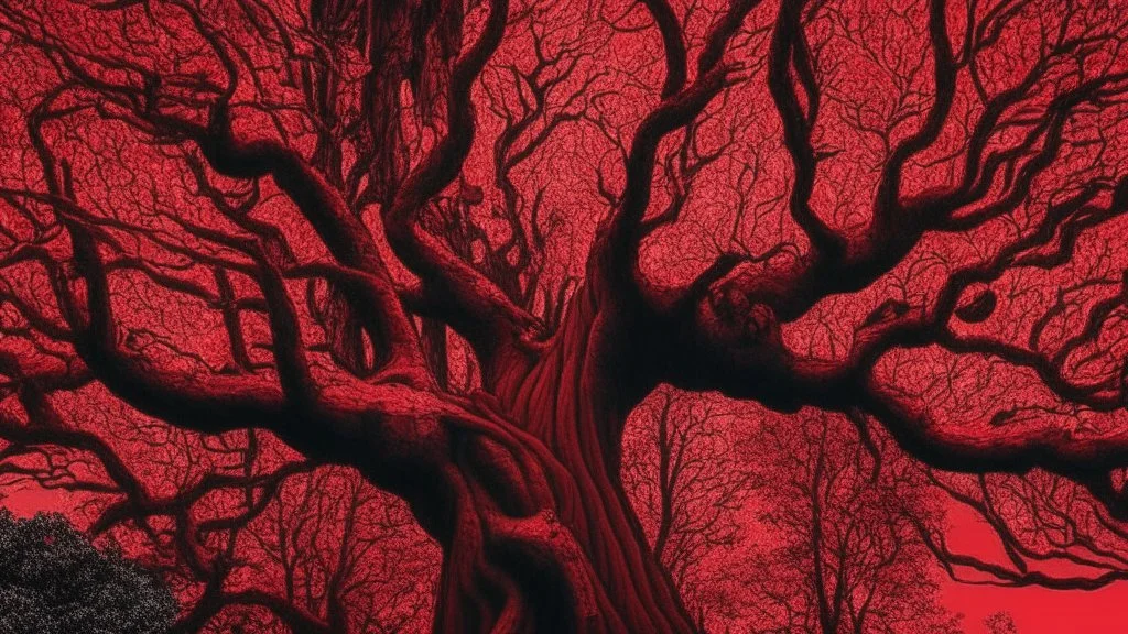red tree, highly detailed, beautiful desktop wallpaper, comic style, many human faces on tree