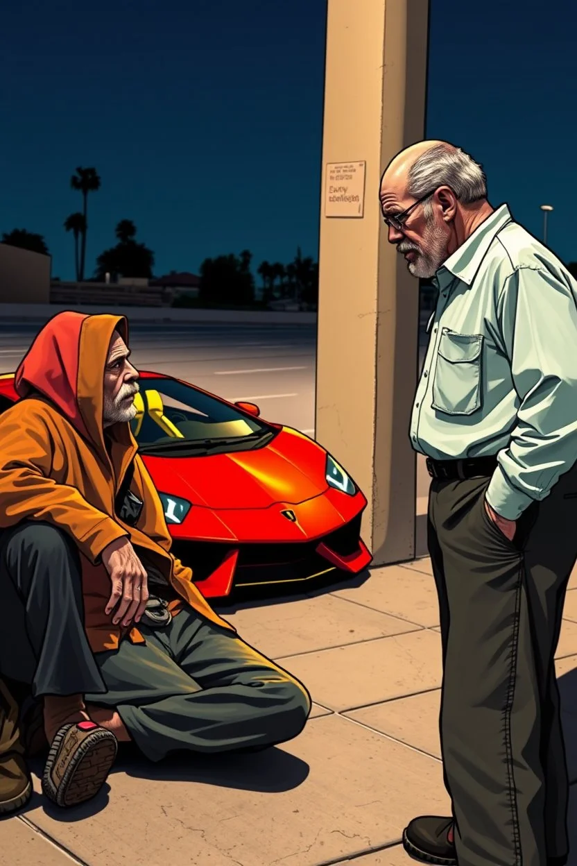 Walter White talking to a homeless man with a lamborghini