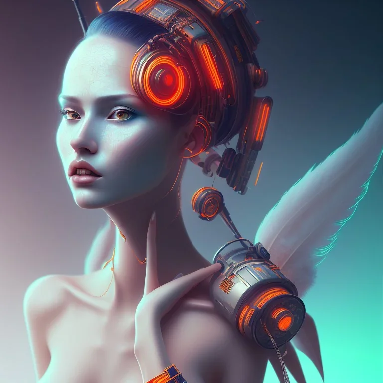 A beautiful portrait of a cute cyberpunk woman facing camera orange color scheme, high key lighting, volumetric light high details with white stripes and feathers