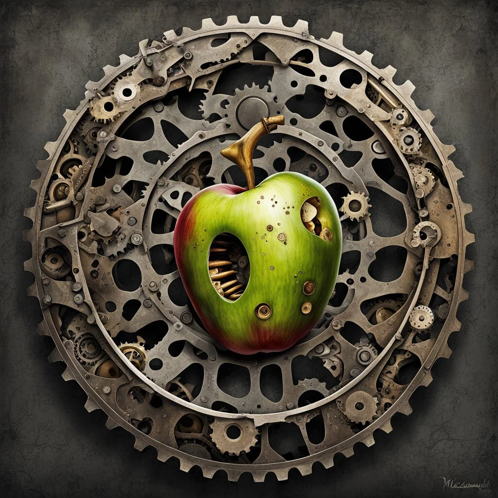 half eaten apple, apple core is mechanical, steel gears and cogs, neo surrealism, high concept art, beautiful smooth art, by nicola Samuri