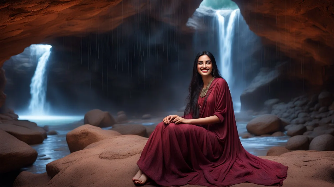 Hyper Realistic Photographic Outside View Of A Gorgeous Pashto Girl (Wearing Simple Light-Maroon Colored Dress & Wearing Plain Maroon Dupatta On Her Neck) Happily Sitting & Smiling Boldy In A Cave & Showing Her Long Black Hair & her Legs Are In The Lakewater With Waterfall View Outside, With Heavy Rain Outside Cave At Dark Night Showing Dramatic & Cinematic Ambiance.