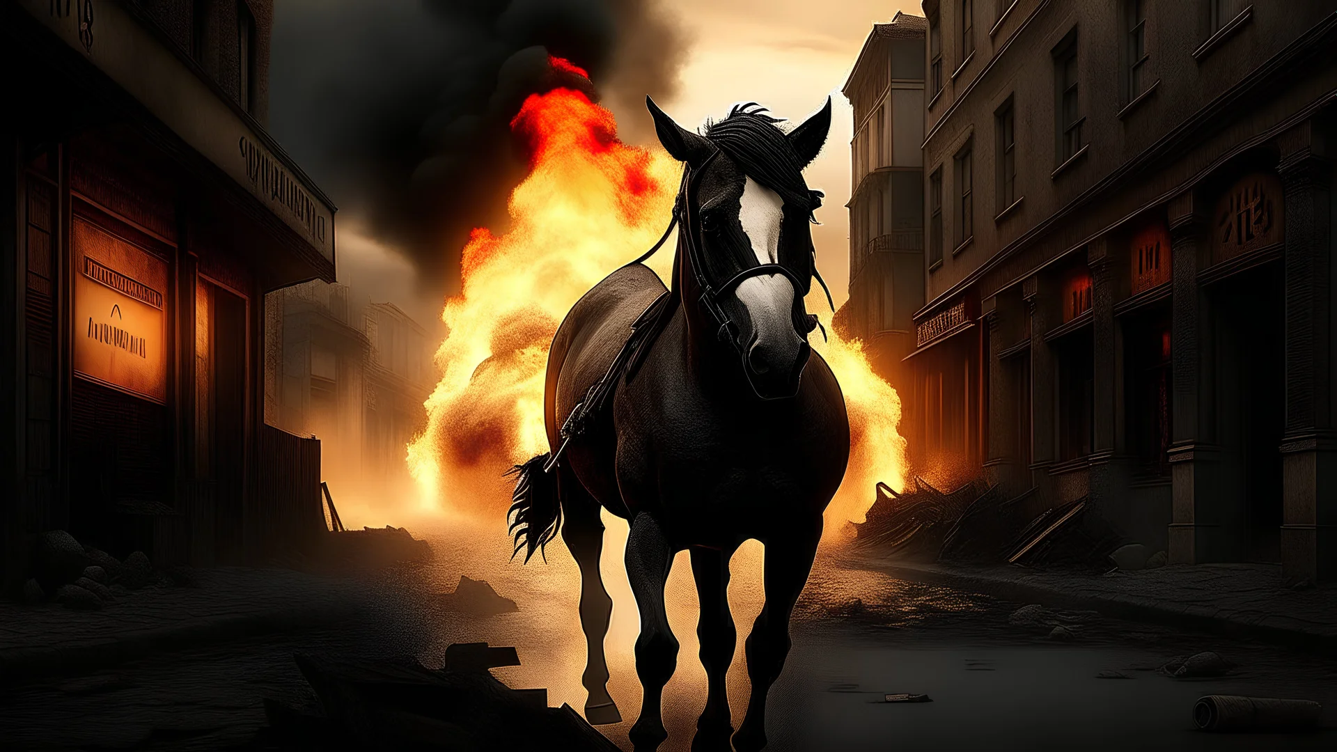 photorealistic, a horse in flames running down a victorian street, Apocalyptic, photo-realistic, cinematic, human corpses are slumped over burning rubble on either side of the road