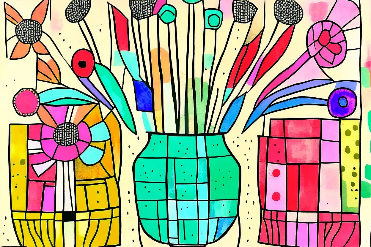 Flowers in a vase in the style of Paul klee ink transfer