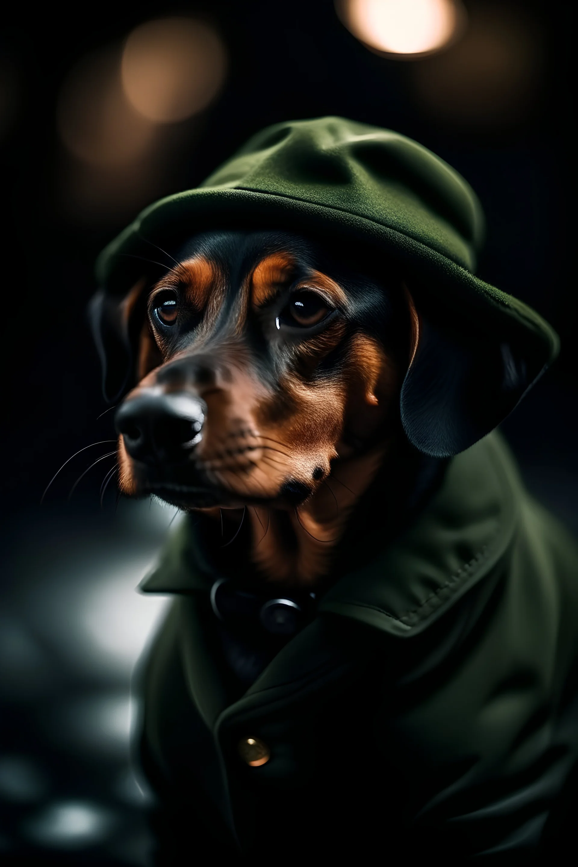 primer plano de un perro salchicha marron detective con sobretodo verde oscuro, policial negro, fondo de paisaje urbano, húmedo y oscuro, contraluz, atmosfera de misterio