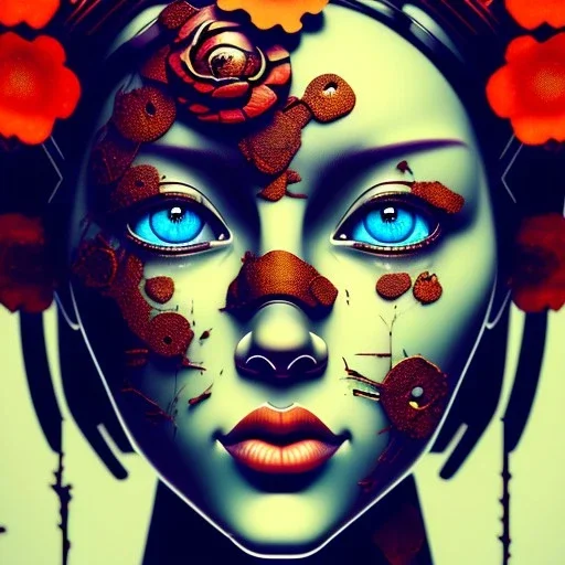 an abstract painting of rusted metal and flowers, Geisha portrait, rust, scaffolding, iron cladding, decay, mixed media, textured, anatomically correct, beautiful perfect face,perfect eyes, sharp focus, highly detailed 8k