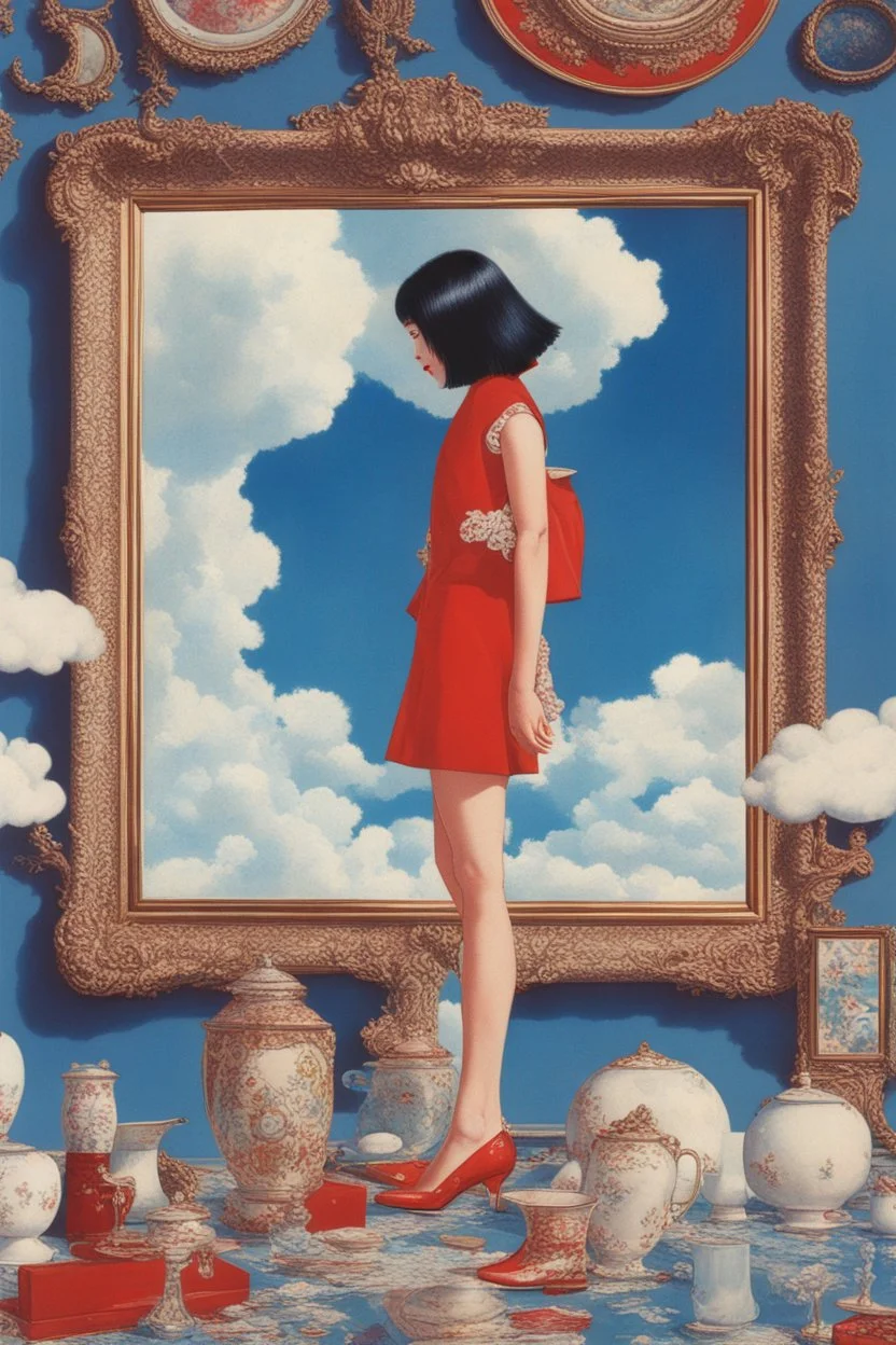 girls leg,cloud in blue sky, a red lip, collage art, shuji terayama, dreamy objects, surreal, criterion collection, showa era, intricate details, mirror