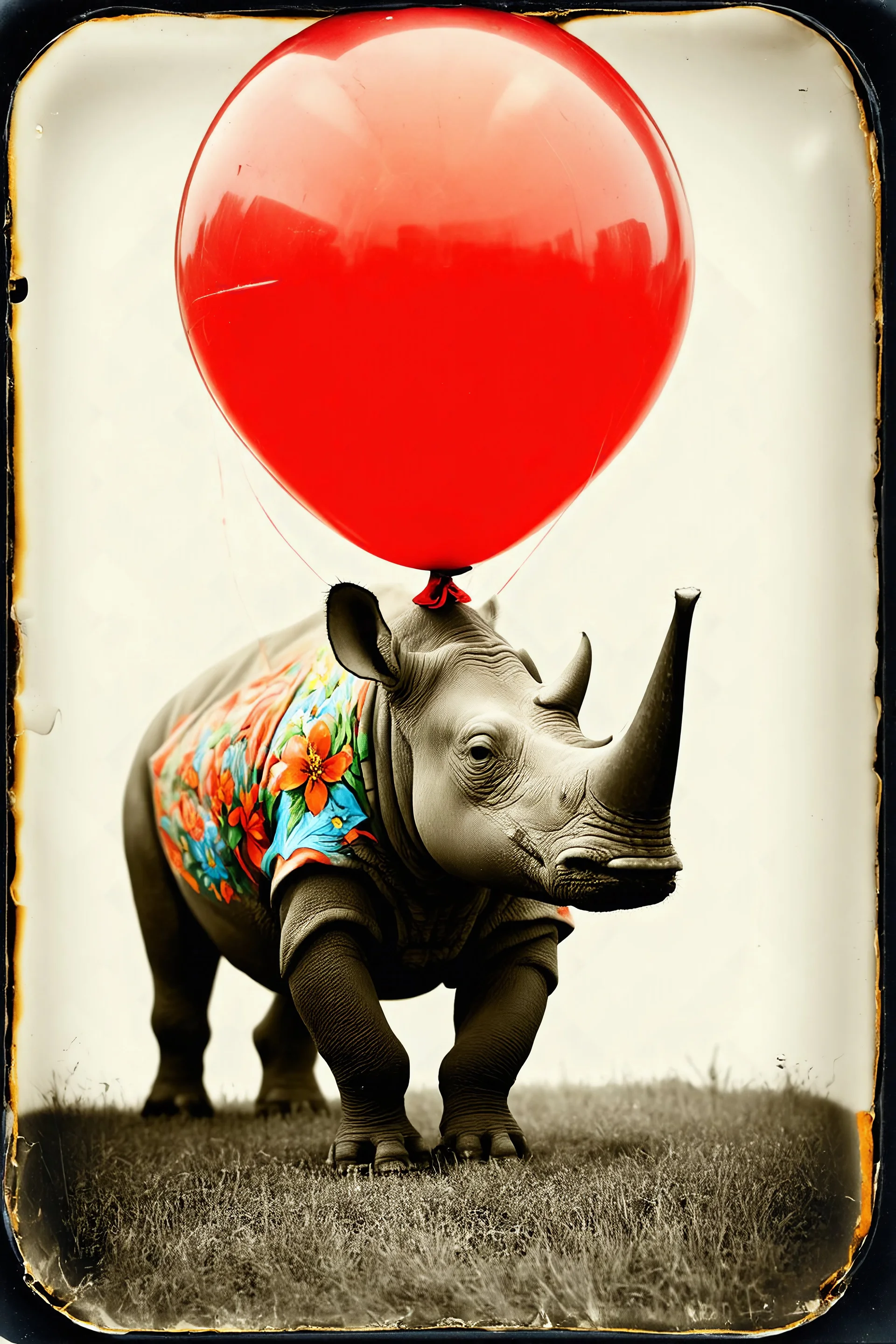 Rhinoceros avec fleurs peintes, en equilibre sur un balon rouge,, tintype