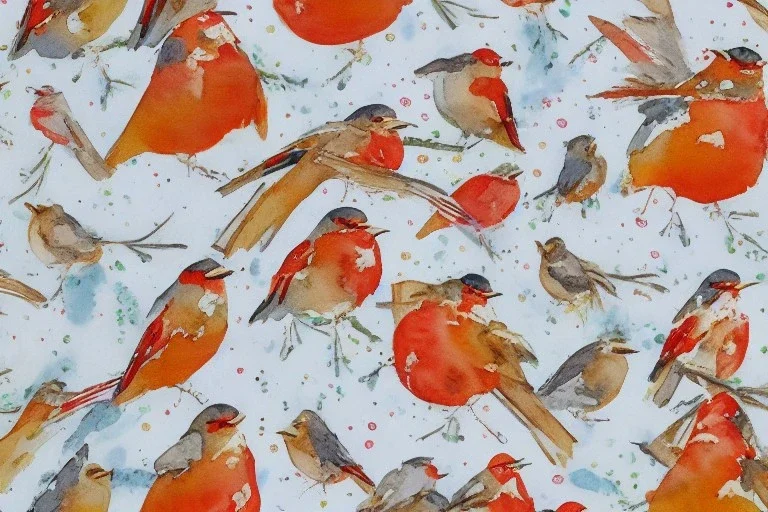 giftwrap pattern with watercolor of robins, children's book illustration, white parchment paper, wrapping paper, white linen, in the style of e. h. shepard