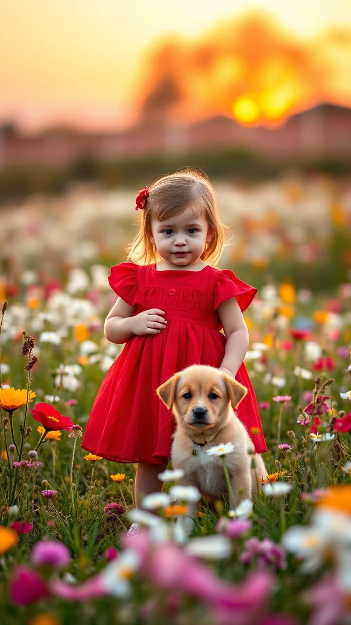 A baby girl with a red dress standing with a small puppy in beautiful colorful meadow of wild flowers floral background, landscape with white or pink flowers with sunset and blurred background. Soft pastel Magical nature copy space evening not bright