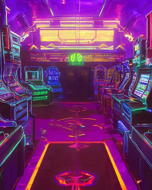 A dark photo of a full panoramic view an 80's aesthetics arcade at night, with a lot of functioning arcade machines, a vaporwave floor and some colorful tiles in between the floor. Purple aesthetics.