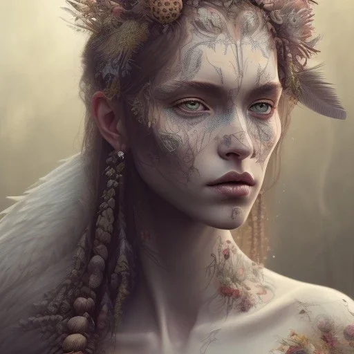 perfect woman portrait , perfect eyes, feathers, face tattoo, ominous, nature, plants, wildflower, facepaint, intricate, oil on canvas, masterpiece, expert, insanely detailed, cinematic smooth, intricate detail, soft smooth lighting, painted Renaissance style