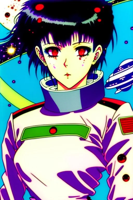 90s old school anime illustration, sci fi, portrait of a tough female space Captain girl, beautiful symmetrical face, Androgynous, pixie style haircut, sparkling or glittering black hair, pixie cut, blood splattered on her scared, rattled and shook face, space uniform is tattered and ripped with dripping blood, as if she just escaped torture, depraved art, junji ito style, pulp science fiction aesthetic, rotoscoping, violent background and undertone, space battle, feminist art, japanese horror