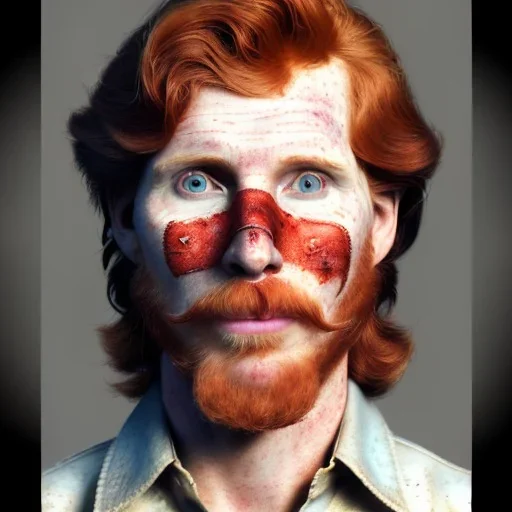 Portrait of Courtney Gains as a ruggedly handsome but joyful roguish pirate, charismatic, attractive male, masculine, perfect, precisely detailed, lightly freckled face, meticulously detailed multi-hued ginger carrot colored cherry fire red hair; Malachai of the corn; fantasy, intricate, elegant, highly detailed, digital painting, artstation, concept art, matte, sharp focus, illustration, art by artgerm and greg rutkowski and alphonse mucha