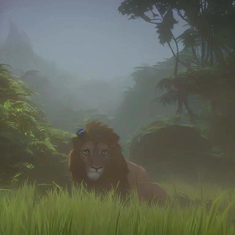 behind the tall grass in the jungle hides a cute lion.