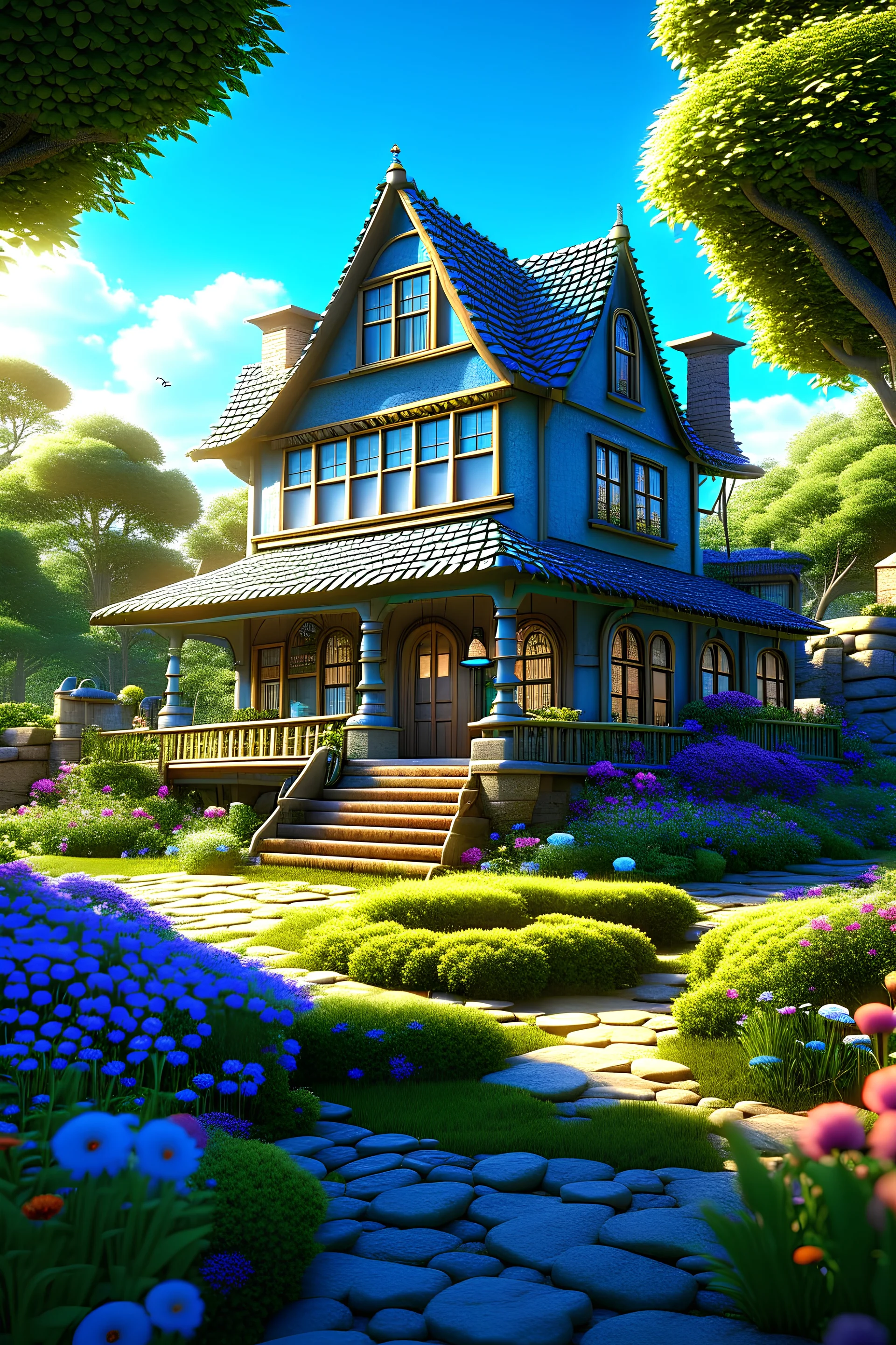 Pixar studio ghibli beautiful victorian house, gnomes on garden, eldritch, stone architecture, water fall, lovecraftion, colourful wild flowers, fantasy, cinematic footage, photorealism, hydrangeas around house hills fantasy land beautiful flower landscape alien world puffy trees, stylized painting, 3d 4k octane render, lifelike, photorealistic, artstation, illustration, smooth, sharp focus, ornate, intricate, complex, highly detailed, digital painting, smooth, art by tom bagshaw, akihiko yosh